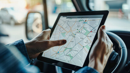 A person is using a tablet to navigate a map while driving. The tablet is placed on the steering wheel, and the person is using their finger to point at a location on the map