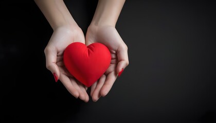 A woman holding a red heart on her palm with a white background