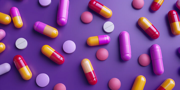 Variety of multicolored tablets scattered on a purple background. Medical and health concept. Flat lay design for healthcare advertisement, pharmaceutical brochure, medical poster.