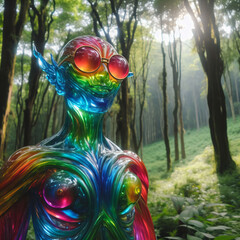 Multicolored Glass Woman in Forest - Surreal Glass Art Among Trees.