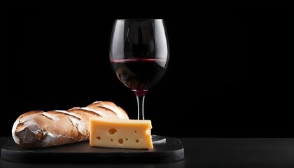 Glass of red wine served with cheese and french baguette - obrazy, fototapety, plakaty