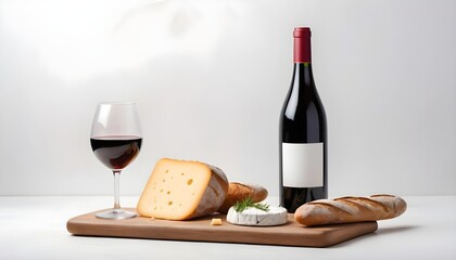 Glass of red wine served with cheese and french baguette