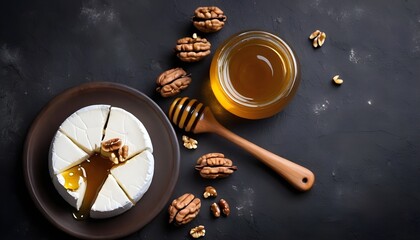 Goat cheese served with honey and walnuts - obrazy, fototapety, plakaty