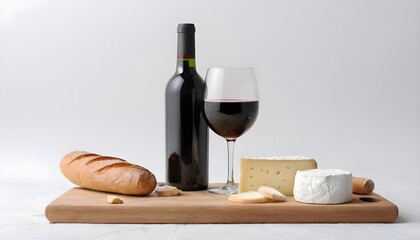 Glass of red wine served with cheese and french baguette - obrazy, fototapety, plakaty
