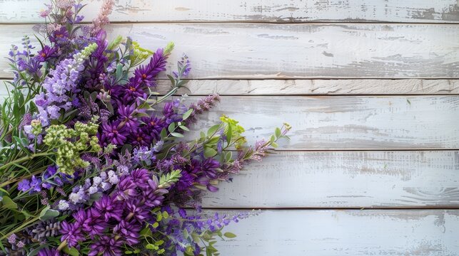 Purple and green flowers bouquet is in front of a white wooden wall
