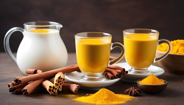 Golden turmeric milk in glass cups served with cinnamon