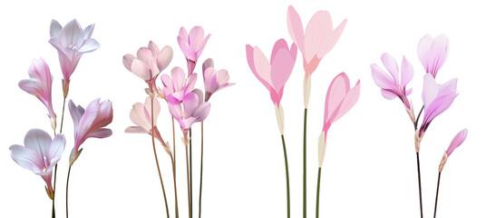 Collection of cyclamen flowers, flat illustration, cutout, png isolated transparent background