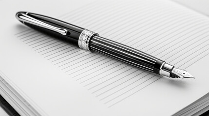 A pen is sitting on a sheet of lined paper. The pen is black and silver. The pen is sitting on the paper in a way that it is almost as if it is writing - Powered by Adobe