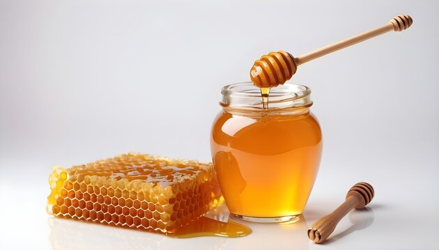Honey in jar with honey dipper and honeycomb
