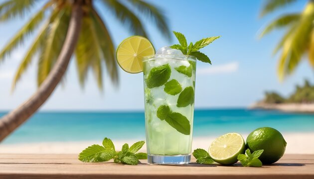 mojito cocktail decorated with lime over sunny beach with palm trees background