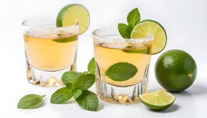 Tequila in a glass served with mint, limes