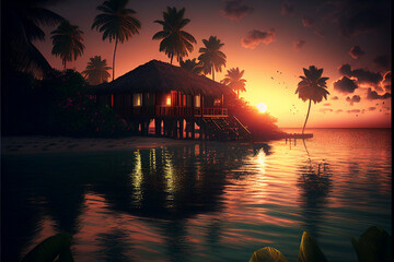The perfect place to relax on a tropical beach at sunset. AI generated.