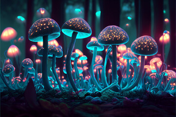Forest of mythical glowing mushrooms. AI generated.