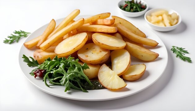 tasty fried potatoes inside plate with greens