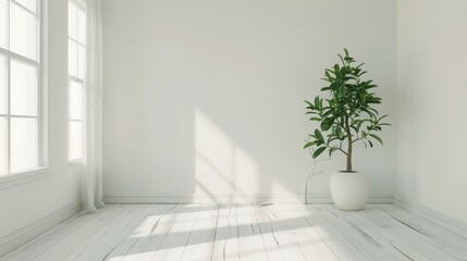 Scandinavian minimalist home light white interior with green plant