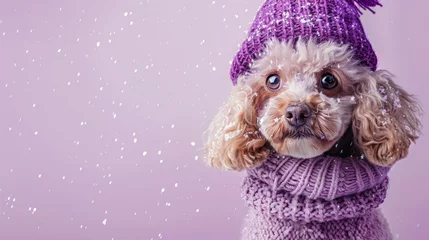 Crédence de cuisine en verre imprimé Violet A dog is standing in the snow with its head up, looking to the right