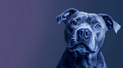 A dog is staring at the camera with a purple background - obrazy, fototapety, plakaty