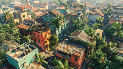 high angle view of tropical city, colorful building, natural wam view