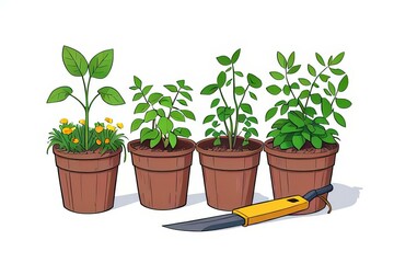 Collection of garden tools and plants. Gardening or horticulture concept.