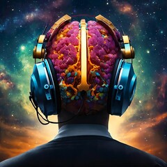 a man with headphones that say brain on it