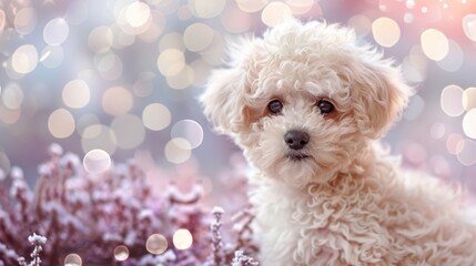 A cute white poodle is sitting in a field of flowers