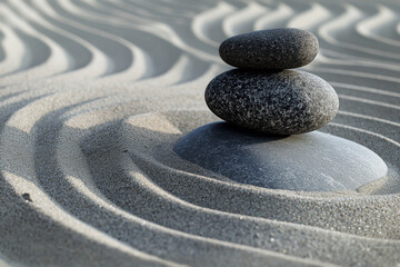 Fototapeta na wymiar Balanced Pebbles in Zen Garden Sand Waves