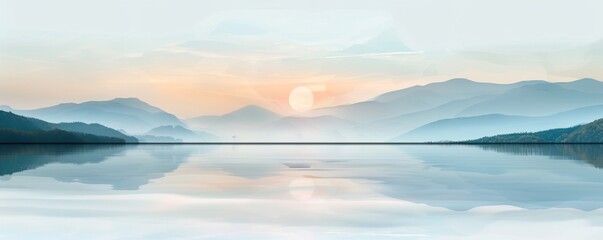 Fototapeta premium A beautiful mountain landscape with a lake and a sun setting in the background