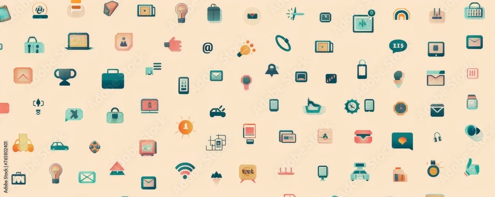 Poster a colorful background with many icons of various devices and apps