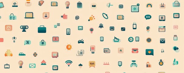 A colorful background with many icons of various devices and apps