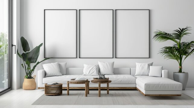 The interior of the modern living room with white walls and frame mockup
