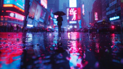 Amidst the neon glow, a cyberpunk city fights against PM 2.5, with rain symbolizing hope for a cleaner future.