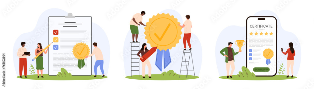 Poster document approval with quality seal set. tiny people approve checklist in paper form, business decis