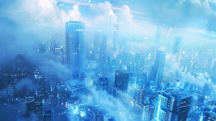 A blue sci-fi cityscape becomes a reality with clean air technology, leading to a thriving economy and celebrating the success of entrepreneurs who have embraced a healthier environment. - obrazy, fototapety, plakaty