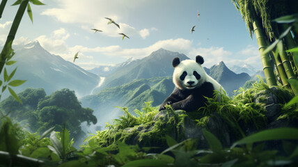 Oso panda en paisaje de bamboo - obrazy, fototapety, plakaty