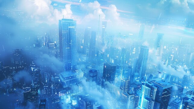 A blue sci-fi cityscape becomes a reality with clean air technology, leading to a thriving economy and celebrating the success of entrepreneurs who have embraced a healthier environment.