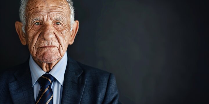 An elderly man in a business suit stands with dignity and experience.