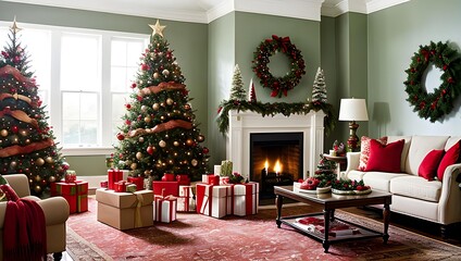 Cozy Christmas living room with decorated trees, gifts, and fireplace.