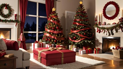 Cozy Christmas living room interior with decorated trees, gifts, and fireplace at twilight.