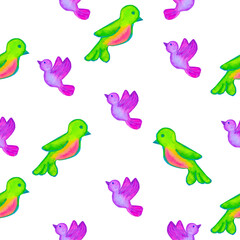 seamless watercolor pattern of purple and green birds on a white background