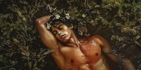 Topless man sleeping in the the undergrowth, ai generated. - obrazy, fototapety, plakaty