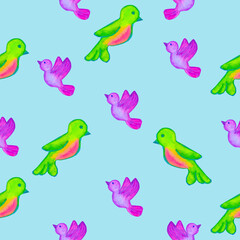 Fototapeta premium seamless watercolor pattern of purple and green birds on a blue background