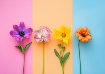 Vibrant Spring Flowers on Pastel Color Block Background, Floral Wallpaper Concept
