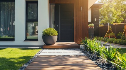 Stylish suburban home entrance featuring a pot of grass and a wooden path