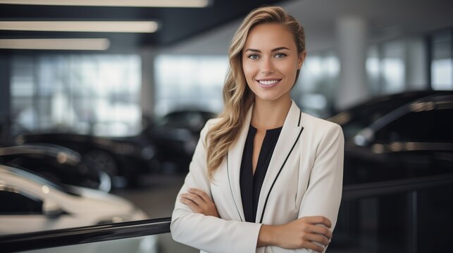 Professional luxury car saleswoman in a luxurious showroom, showcasing the elegance of the auto dealership office. 