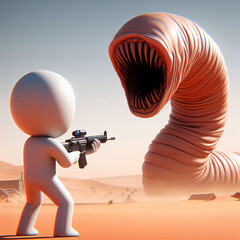 Stickman confronts the Sand Worm in a battle of wits and agility, a clash of the diminutive against the monstrous in the shifting sands. - obrazy, fototapety, plakaty