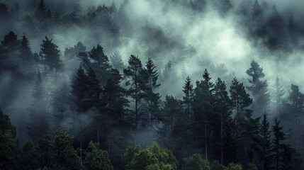 Mystical Fog in Dense Forest - obrazy, fototapety, plakaty