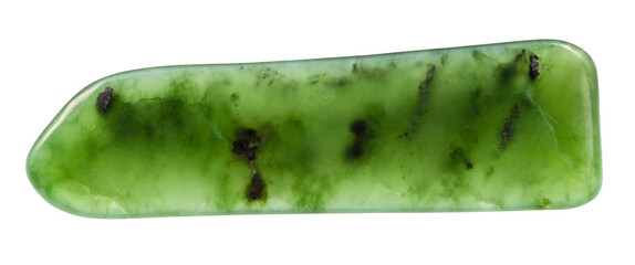 close up of sample of natural stone from geological collection - polished green nephrite gemstone...