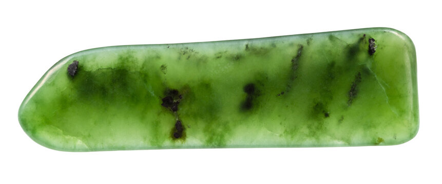 close up of sample of natural stone from geological collection - polished green nephrite gemstone isolated on white background from Sayan Mountains, Eastern Siberia