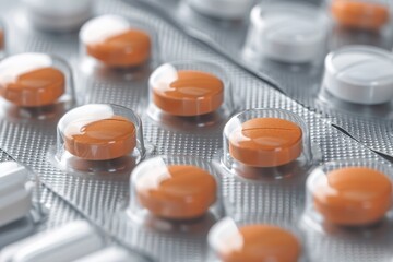 Close-up view of orange pills in a blister pack.