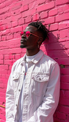 Portrait of African attractive man against background of pink brick wall